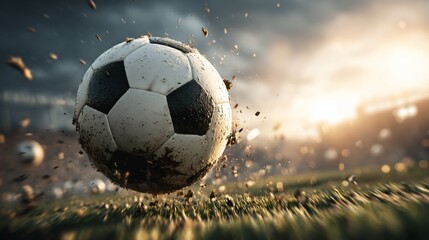 Naklejka premium Soccer ball in mid-air, covered in mud