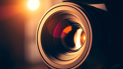Camera lens focus shows detail, with captivating sunlight and reflections, perfect for photography enthusiasts and videography professionals.