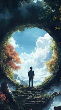 A man standing in the middle of a forest looking out into the sky