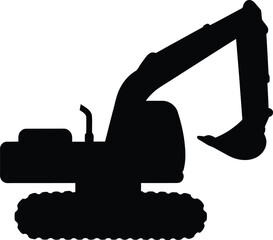 Obraz premium Silhouette of a heavy construction excavator with a raised arm and bucket, isolated on a white background.