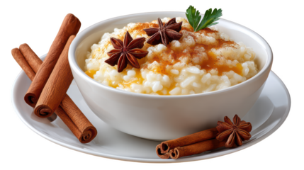 Creamy Spiced Rice Pudding with Cinnamon Sticks and Star Anise Garnish in a Warm Golden Hue