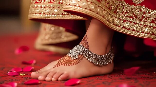 Bride&rsquo;s silver anklets and henna during traditional Indian wedding ritual