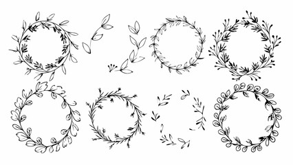 Obraz premium Collection of hand drawn floral wreaths and botanical elements