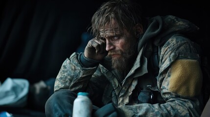 Fototapeta premium Weary Soldier Resting, Pensive and Tired
