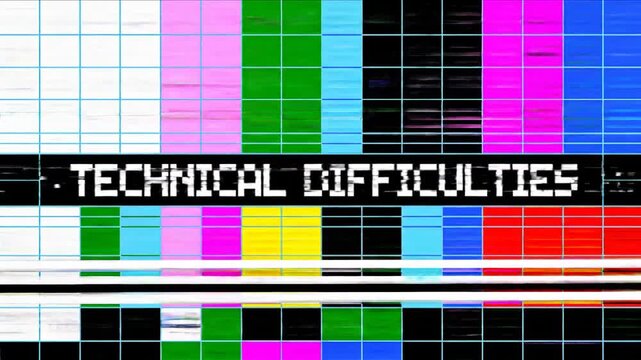 Technical Difficulties: A vintage television screen displays the iconic Technical Difficulties message amidst a colorful test pattern, invoking a sense of retro nostalgia and media disruption.