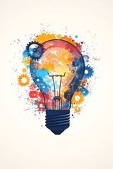 Flat illustration of business creativity with dynamic gears in bright vivid colors and a soft glowing blue vintage lightbulb