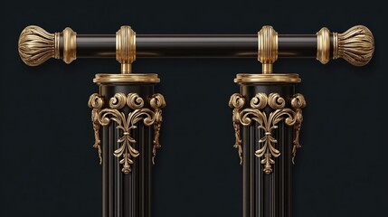 Ornate black posts w/gold trim support a horizontal bar against a dark grey backdrop