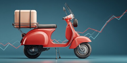 A red vintage scooter with a brown luggage box on the back, set against a blue background with ascending graph lines.