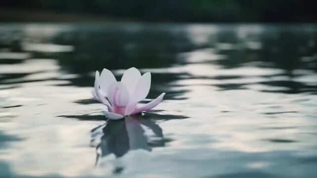 A lone lotus flower gracefully floats on a tranquil water surface. 