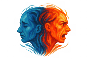 Painting representing two faces expressing opposite emotions of sadness and anger, with transparent background