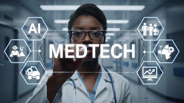 Female Doctor in White Coat Using Digital Medtech Interface in Hospital Corridor with Medical Symbols and Diagrams