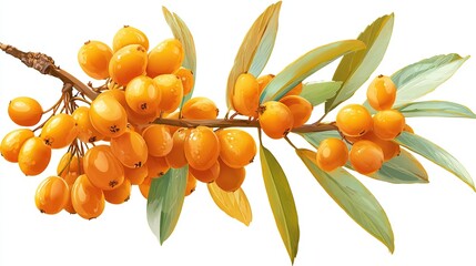 Branch with shiny orange berries and thin leaves, illustrated against white