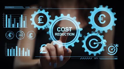 Woman In Business Attire Touching Blue Holographic Cost Reduction Interface With Gears and Currency Symbols Against A Dark Background - Powered by Adobe