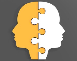 Social media network. Jig saw shaped head silhouettes. Overlay heads. Digital, interactive and global communication concept. Connected people. 3D render