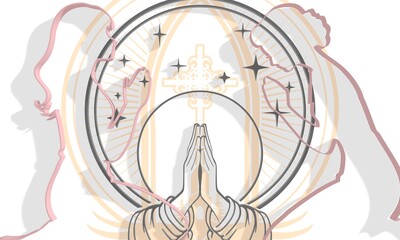 Peaceful women silhouette praying. Christian cross with clasped hands and prayed for blessings from God. Prayer hands show faith and religion. Superstition and high power. 3D render