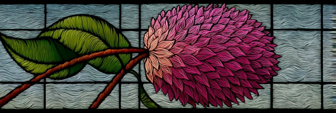 Stained glass A pink flower with green leaves on a branch against a blue background - Powered by Adobe