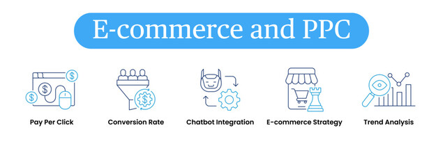 E-commerce and PPC Vector Icon Set – E-commerce Strategy icon, Pay Per Click icon, Conversion Rate
