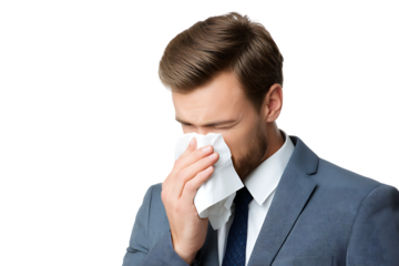 Businessman blowing his nose with a tissue.
