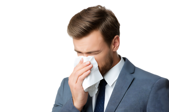 Businessman blowing his nose with a tissue.