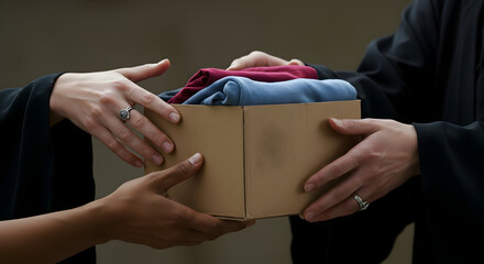 Hands exchange cardboard box filled with clothing items