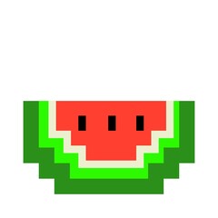 Pixel art representation of a watermelon slice. The slice features a vibrant red interior with black seeds, surrounded by layers of light and dark green rinds. 