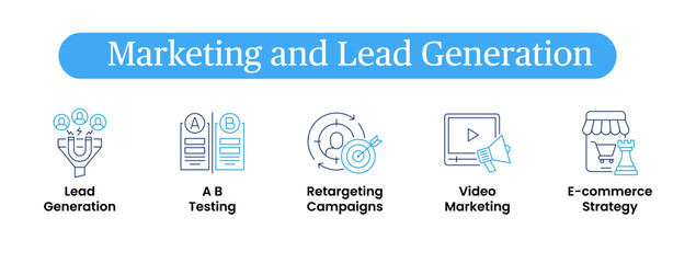 Marketing and Lead Generation Vector Icon Set – Retargeting Campaigns icon, Lead Generation icon, A B Testing