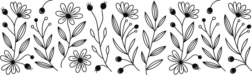 Hand-drawn floral seamless pattern with nature-inspired leaves, decorative botanical doodles in black and white, cad drawing flat vector illustration