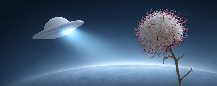 UFO scans a unique flower over a planet on a blue background, digital rendering