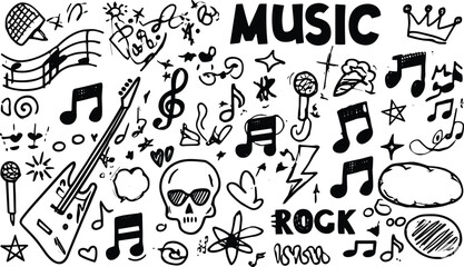 Hand-drawn music and rock doodles, guitar, microphone, notes, stars and symbols, cad drawing flat vector illustration, creative design elements