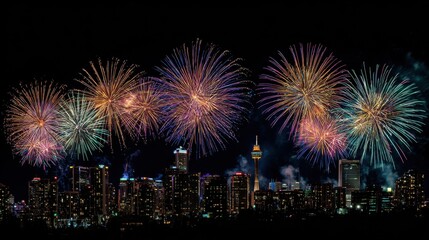 Colorful Fireworks Over City Skyline at Night Celebrating Festival