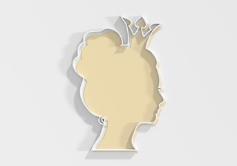 Profile view silhouette of a princess or queen. Cute girl portrait. Fashion branding emblem. 3D render