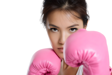 Close up of a young woman wearing pink boxing gloves.