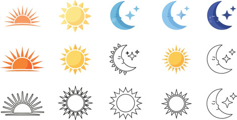 Various sun and moon icons in different styles and color variations