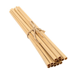 Bundle of natural wooden chopsticks bound together with twine for serving, eating, or kitchen use, isolated on white background, eco-friendly dining accessory