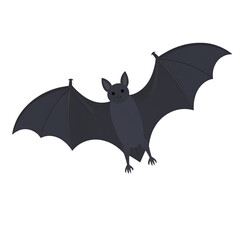 Fototapeta premium Simple cartoon illustration of a cute, black bat with outstretched wings, small body, pointed ears, and tiny eyes, suitable for children, Halloween, or spooky themes