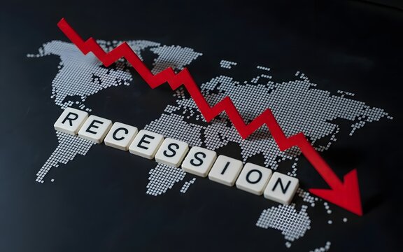 Red arrow graph falling over world map with recession tiles global economy financial crisis