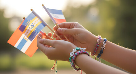 Hands holding small flags outdoors