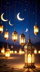 Obraz premium Golden lanterns hang in a desert night, illuminated by warm light, with crescent moons and stars above