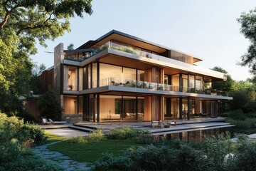 Fototapeta premium Modern luxury home nestled in lush greenery