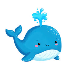 Cute cartoon blue whale with water splash on head, smiling marine animal illustration, cheerful aquatic creature character, adorable ocean mammal drawing