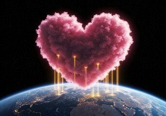 Heart cloud over planet earth global connection