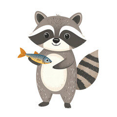 Naklejka premium Cute cartoon raccoon holding a fish with detailed fur markings and expressive eyes, standing upright in a playful pose on a clean white background