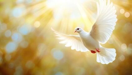 White dove in flight, golden light