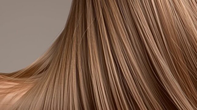 Up close video of a woman with long blonde hair, smooth and shiny in the back of her hair.