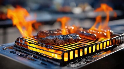 Sizzling Culinary Delight: A close-up shot of a grill, with meat being cooked over an open flame, conveying a feeling of anticipation for a tasty meal.