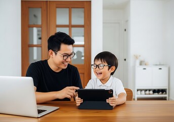 Smiling Asian Father In A Black Shirt Teaches His Laughing Son On A Tablet At Home, Balancing Work And Family, Online Education, Father And Son