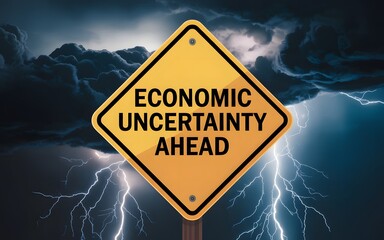Yellow diamond warning sign with text economic uncertainty ahead against stormy sky with lightning