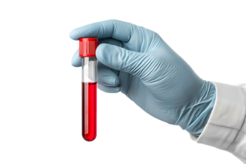 Hand in glove holding a blood sample tube.