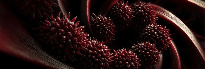 Abstract, red spheres with spiky textures, intertwined with ribbon-like shapes