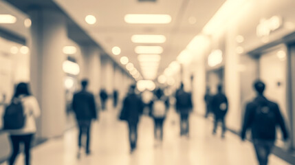 Blurred people walking in a hallway with columns and doorways in neutral tones.